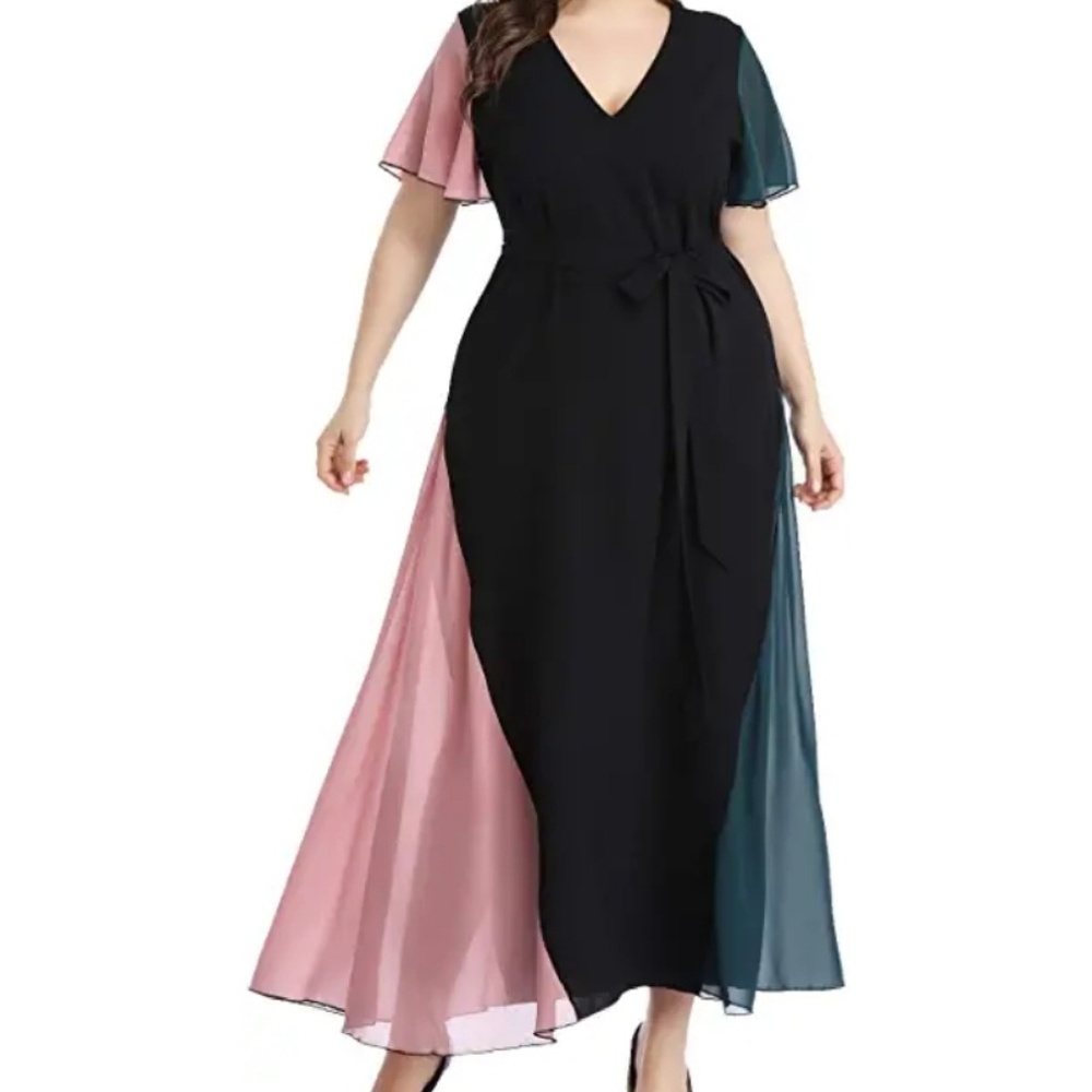 Pink and green panel dress